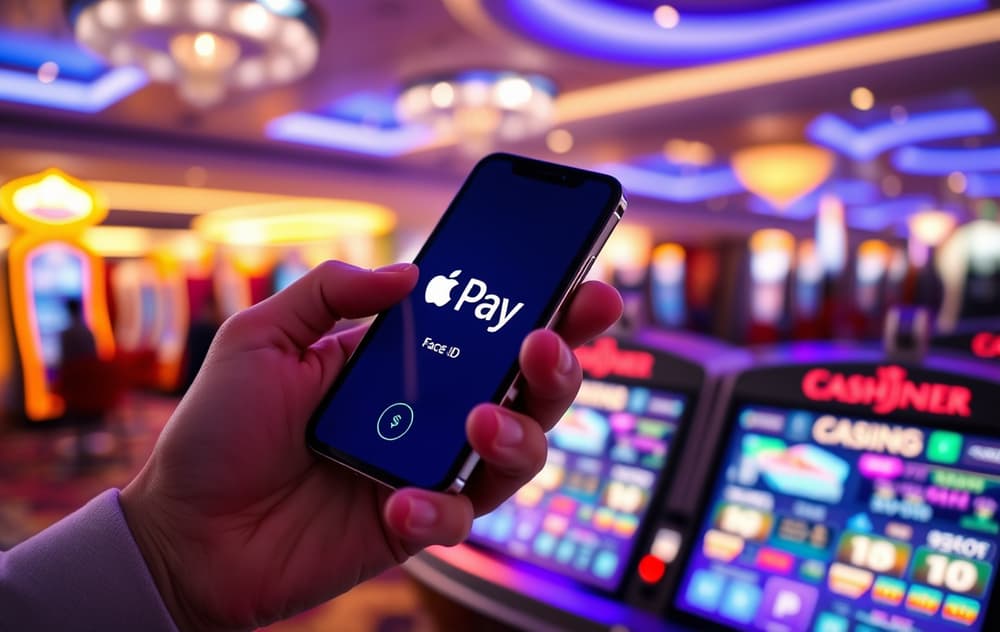 Person som bruker iPhone med Face ID for å betale på et nettcasino – Apple Pay-logo synlig på skjermen.