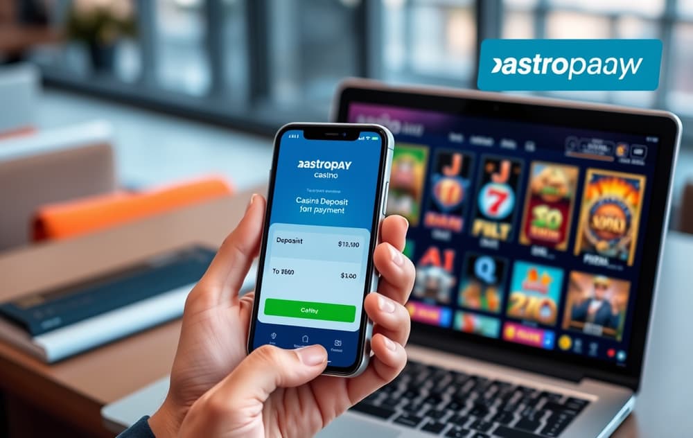 Person som bruker AstroPay-appen på mobil for å sette inn penger på et nettcasino.