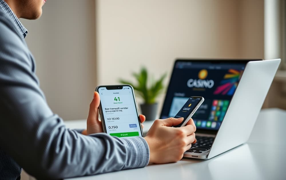 Norsk spiller som gjennomfører bankoverføring på casino via mobil og laptop.