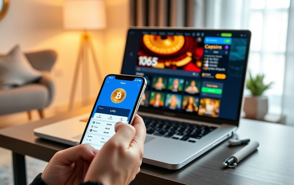 Person med mobiltelefon som viser Bitcoin-lommebok ved siden av en laptop med casino.