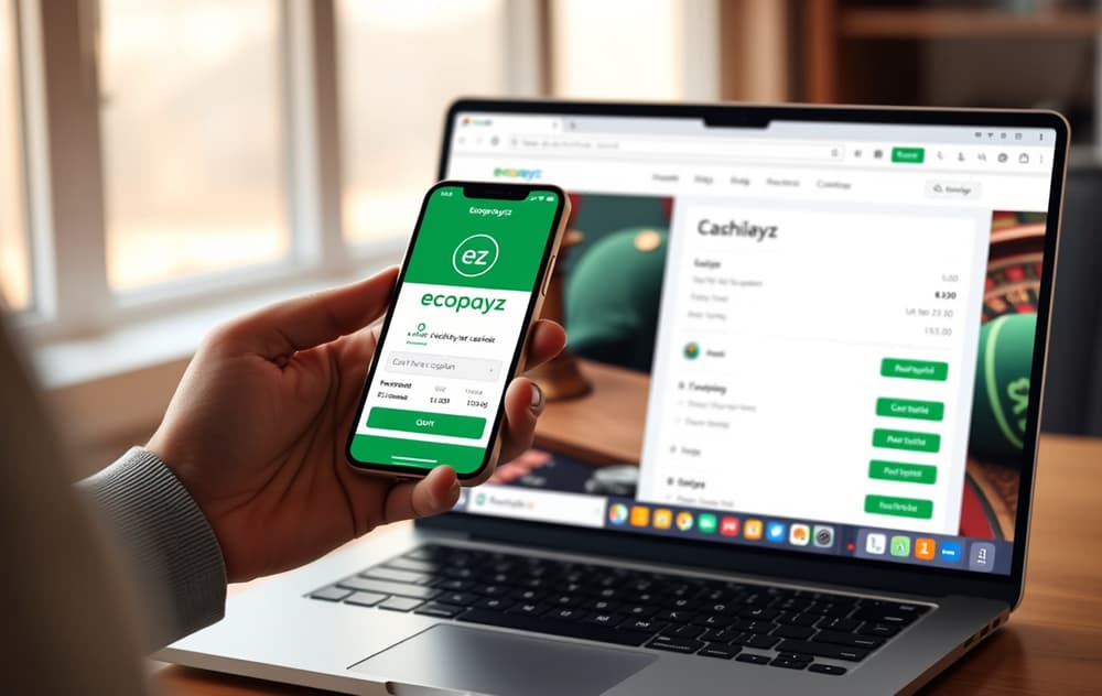 Person med mobiltelefon som viser Ecopayz-appen, ved siden av en laptop med et casino i kassen.