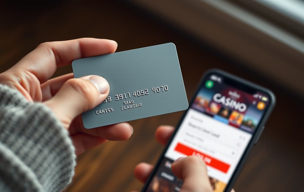 Hånd som holder et Mastercard debetkort foran en mobiltelefon med casino-side på skjermen