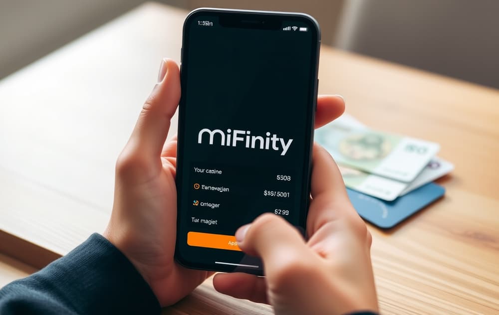 Person med mobil som viser MiFinity-betaling på et casino