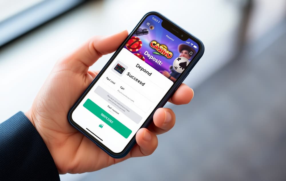 Person som bruker mobilbetaling på et nettcasino, innskuddsbekreftelse på skjermen