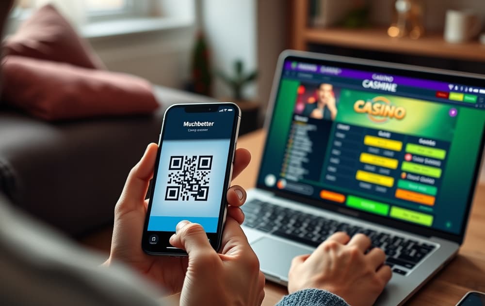 Person som skanner QR-kode på mobil for innskudd på nettcasino med Muchbetter.