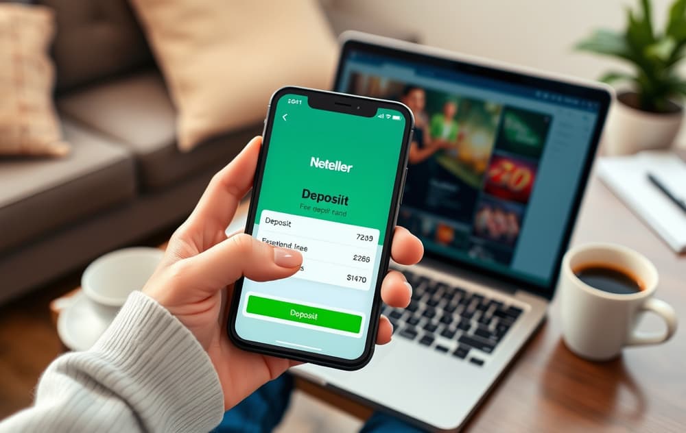 Person som holder en mobiltelefon med Neteller-appen åpen og en casinoinnskuddsskjerm synlig. Bakgrunn: stue med laptop og kaffekopp.