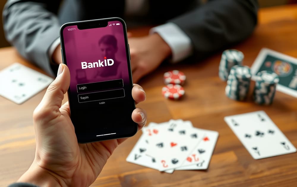 Person med mobiltelefon som viser BankID-innlogging for Pay n Play på et casino