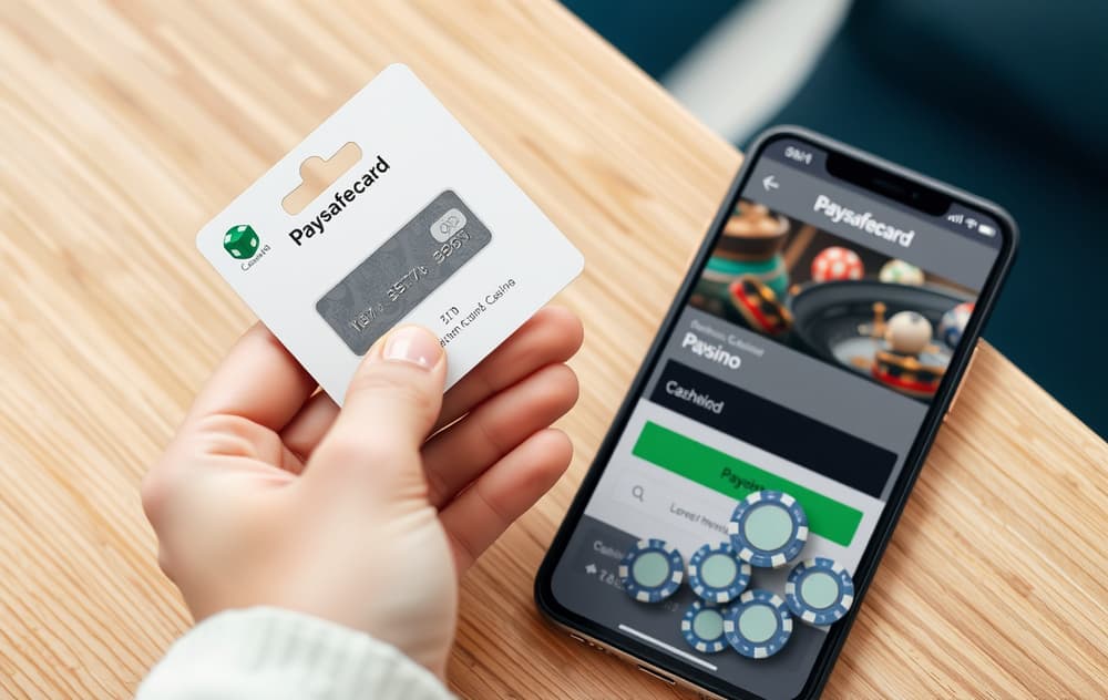 En hånd som holder en Paysafecard-kupong med synlig PIN-kode, ved siden av en mobiltelefon med casinokasse og et par sjetonger.