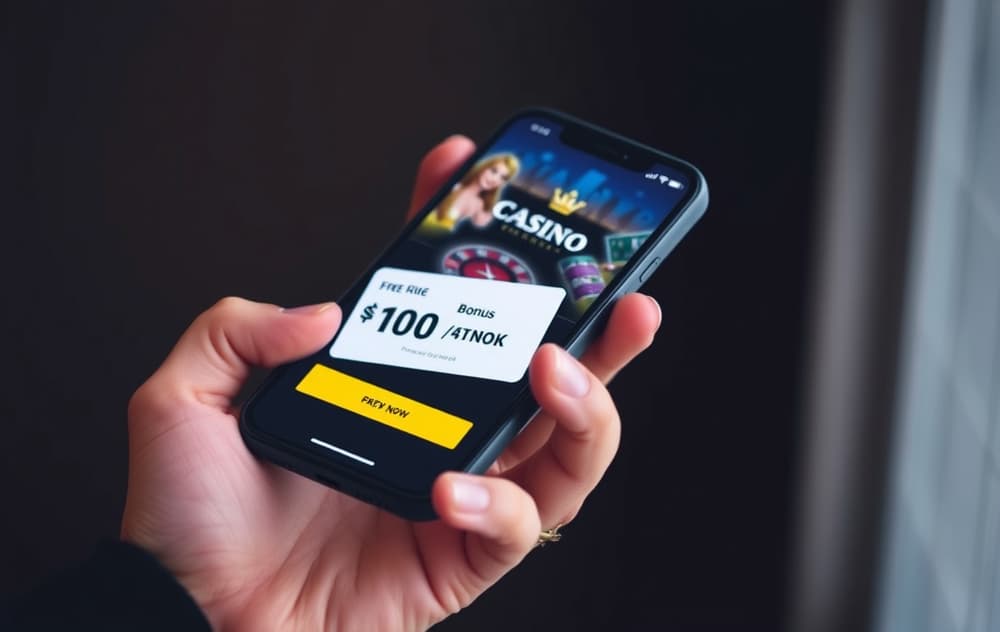 Person med mobil som viser 100 kr gratis bonus-varsel fra nettcasino