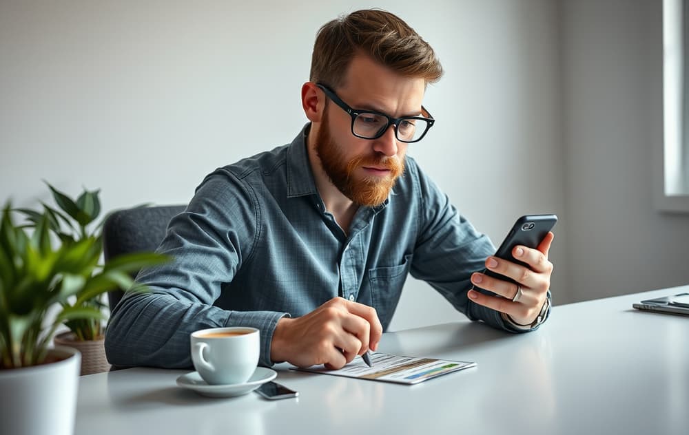Norsk spiller med mobiltelefon som viser 200 kr gratis bonus, med pass og kredittkort på bordet