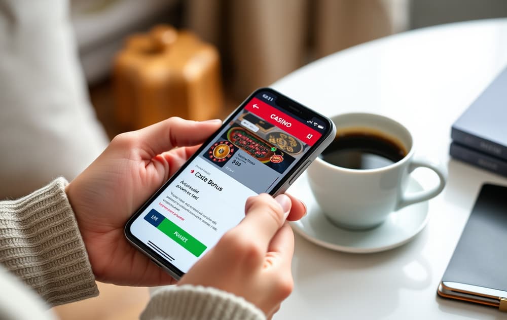 Person med mobiltelefon som viser casino-bonus uten omsetningskrav