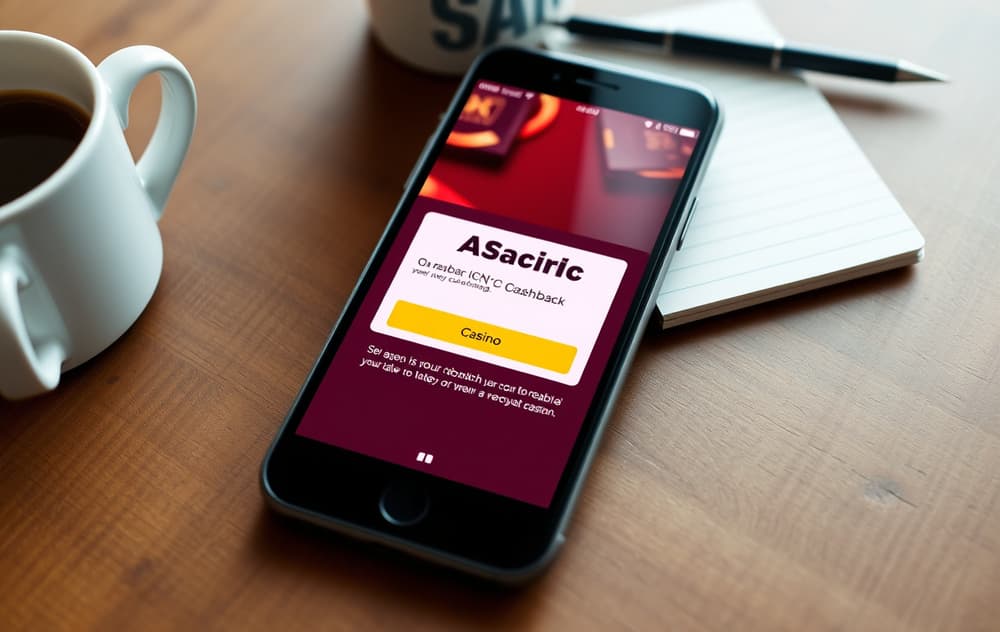 Smarttelefon med cashback-melding fra et casino, liggende på et trebord med kaffekopp og notatblokk.