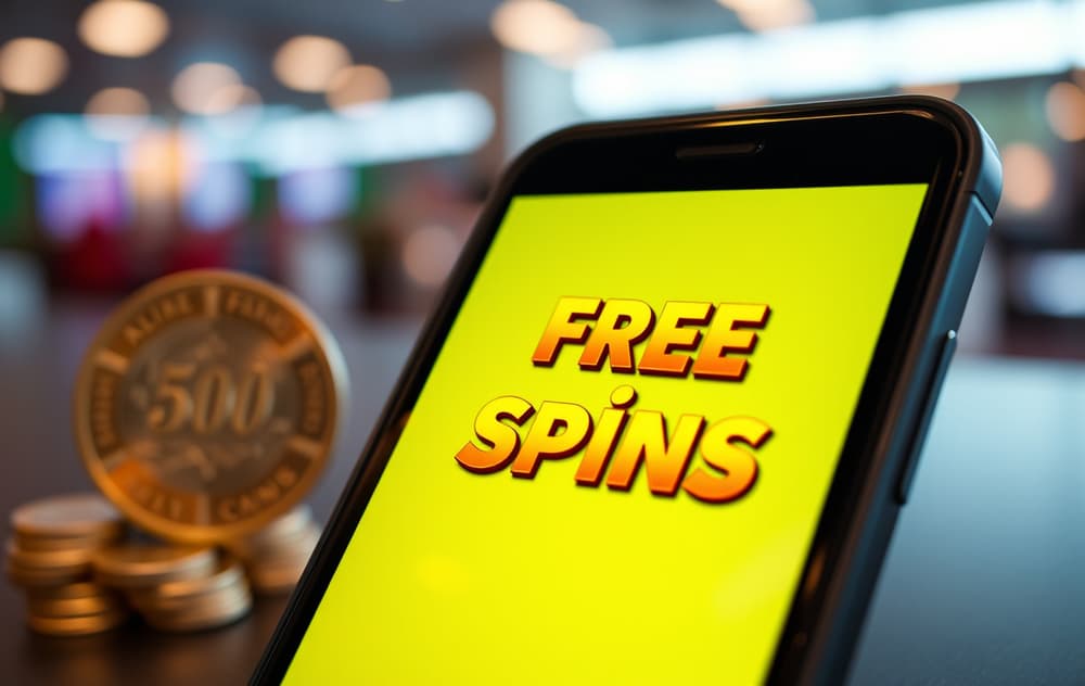 Mobiltelefon med freespins-tilbud på skjermen, norsk mynt i bakgrunnen.