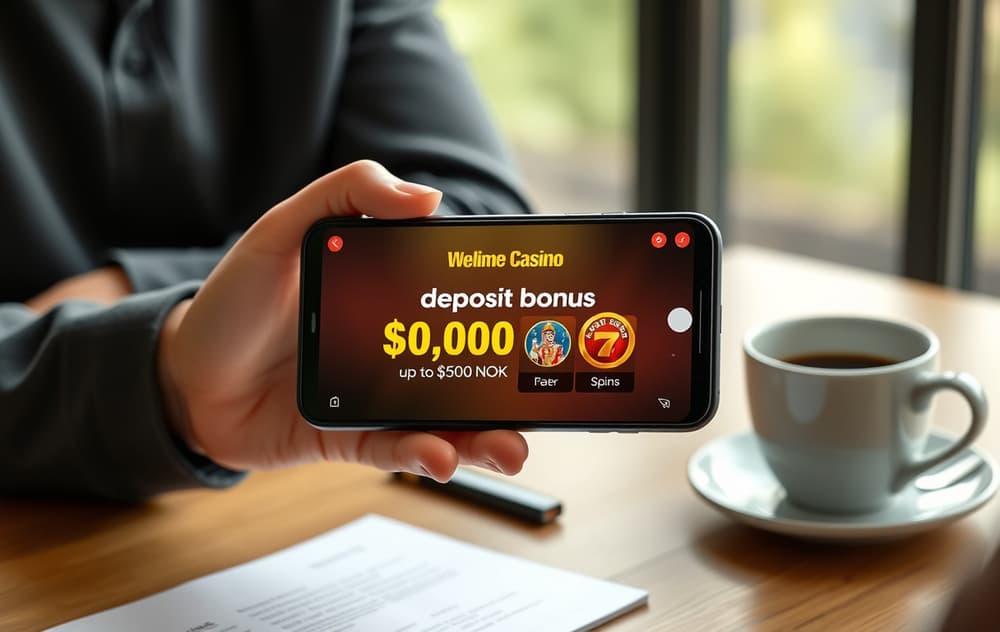 Person med mobiltelefon som viser en innskuddsbonus på et nettcasino, med kaffekopp på bordet.