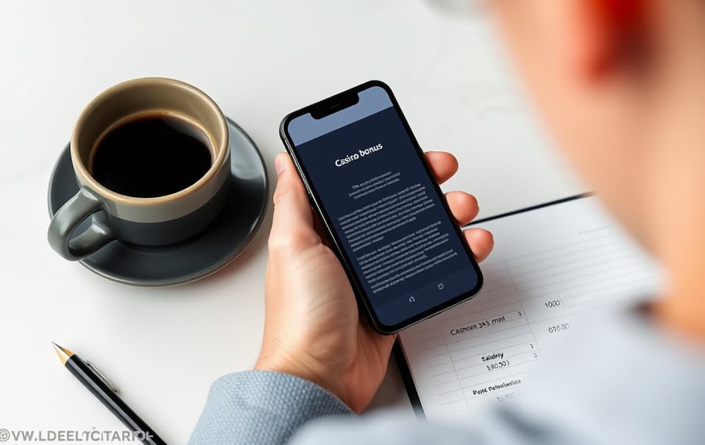 Person som leser bonusvilkår på mobiltelefon med kalkulasjoner i notatbok