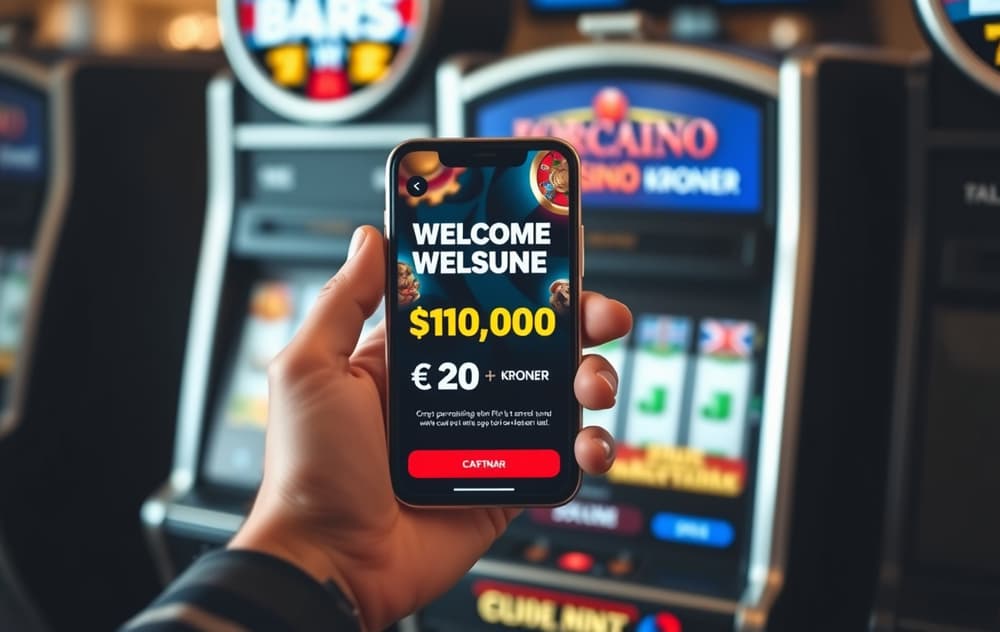 Person med smarttelefon som viser velkomstbonus på et norsk mobilcasino