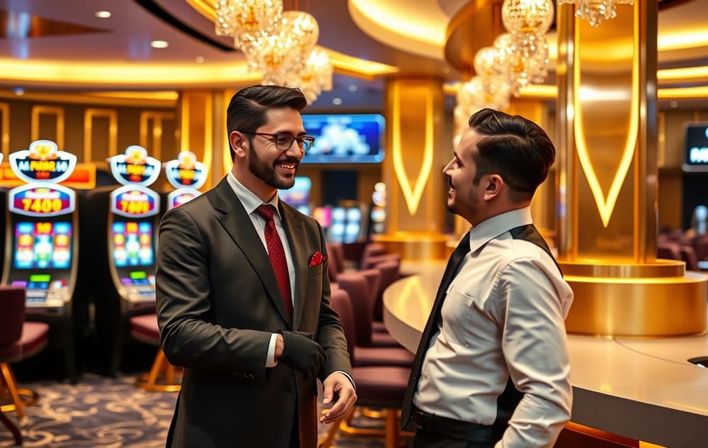 VIP-spiller møtes av personlig vert i eksklusivt casino-lounger med gullinnslag og spilleautomater i bakgrunnen