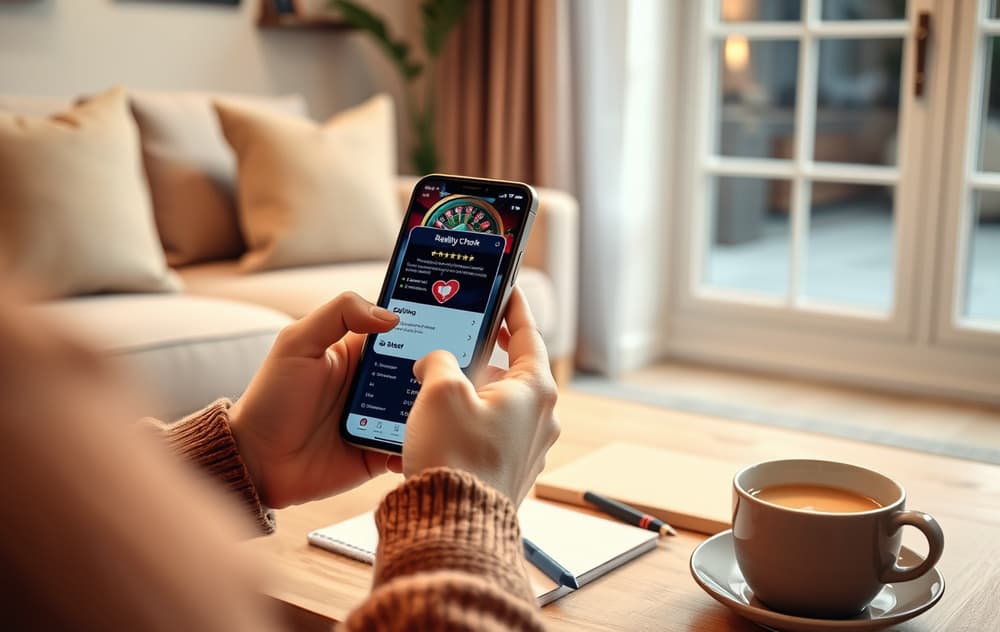 En person som bruker mobiltelefon i stuen, med kaffekopp og notatbok på bordet, skjermen viser en reality check-funksjon fra et casino.