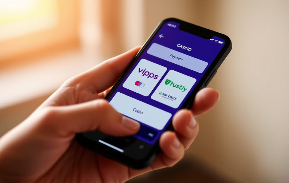 Mobilskjerm med betalingsmetoder Vipps og Trustly på et nettcasino.