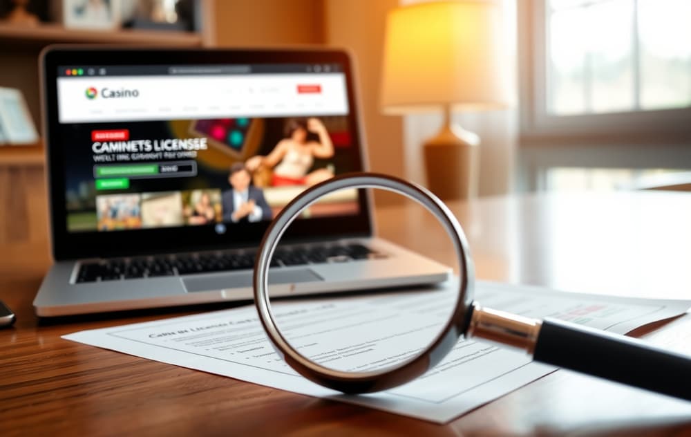 Forstørrelsesglass over en casinolisens på et skrivebord med laptop i bakgrunnen.