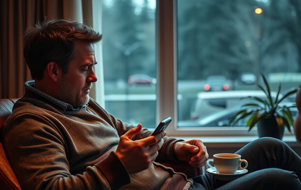 Norsk spiller med mobiltelefon og kaffekopp, hverdagslig casino-spilling