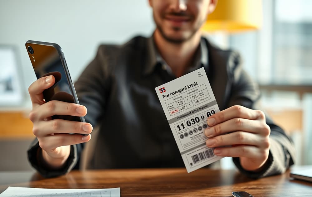 En person som sammenligner Norsk Tipping-lodd med en mobiltelefon som viser et nettcasino