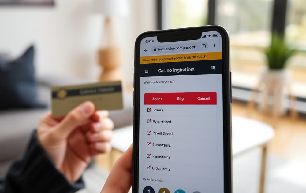 Sammenligning av casinoer på mobil med sjekkpunkter for lisens, uttakstid og bonusvilkår.