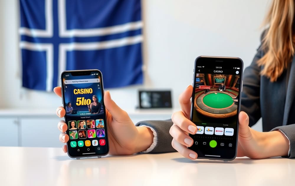 En person som sammenligner to mobiltelefoner med ulike casinoapper på et skrivebord, med norsk flagg i bakgrunnen.