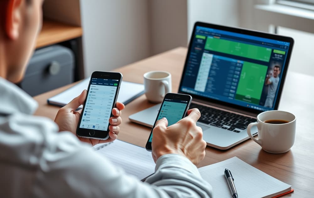 En person som sammenligner odds på mobil og laptop ved et skrivebord