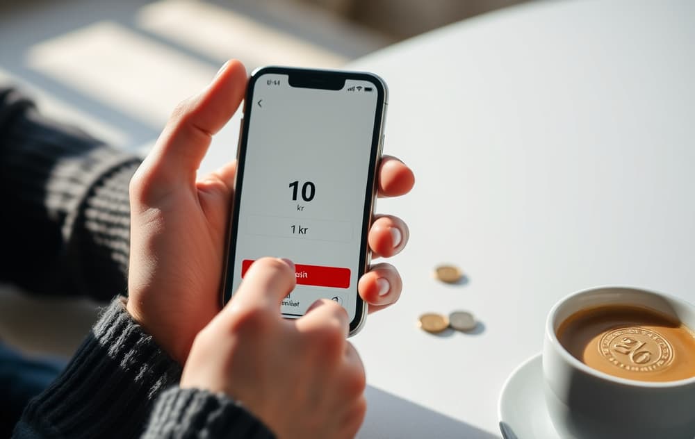 Spiller med mobil som viser innskudd på 10 kroner for casino med lavt innskudd.