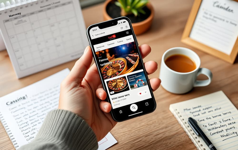 En person sjekker et norsk casino-nettsted på mobiltelefon med MGA-lisens i bunnteksten, notater ligger ved siden av.