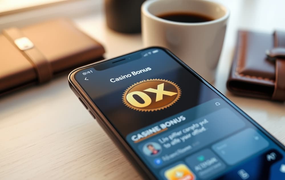 Smarttelefon med casinoapp som viser 0x omsetningskrav, liggende på et skrivebord med kaffekopp og lommebok.