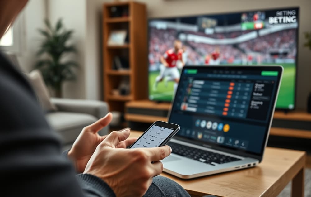 Person som sammenligner fotballodds på mobil og PC med fotballkamp på TV