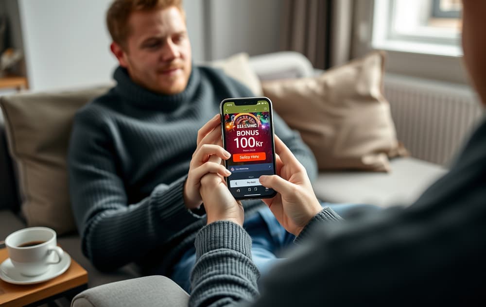 Person som holder en mobiltelefon med et casino-grensesnitt som viser 100 kr gratis bonus.