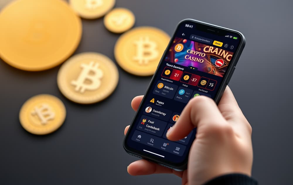 Person som spiller kryptocasino på mobiltelefon, med Bitcoin-symboler i bakgrunnen.