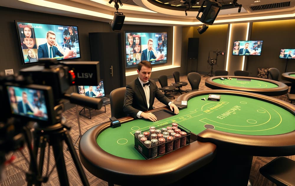 Live casino med ekte dealer ved blackjack-bord i studio.