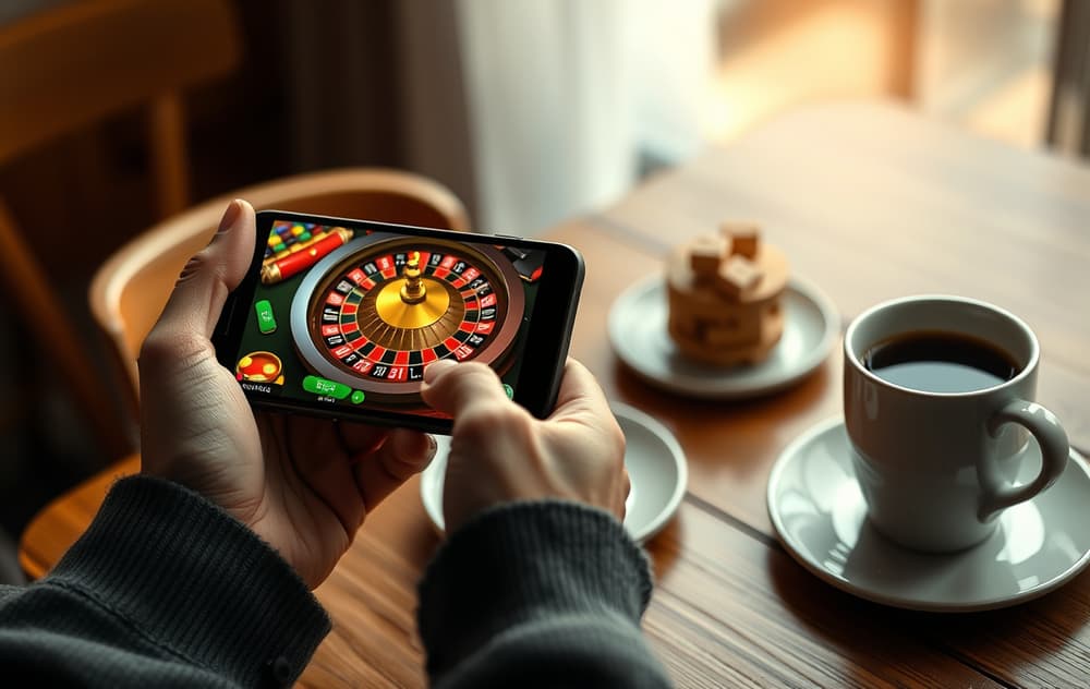 En person som spiller mobilcasino på telefonen med en kopp kaffe ved siden seg.