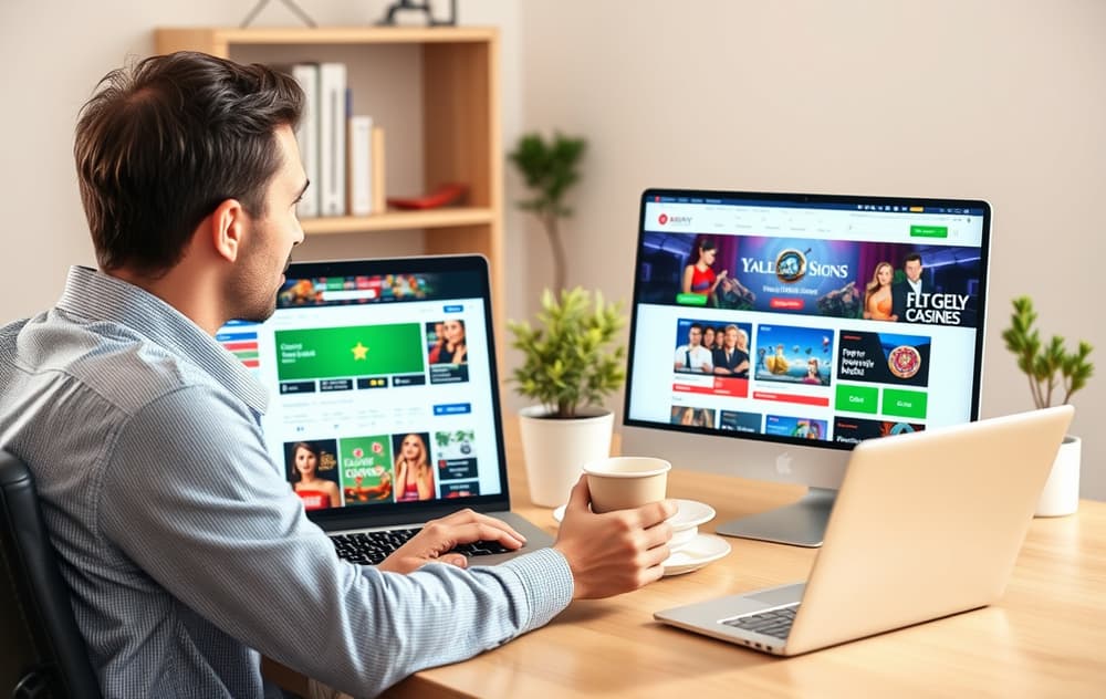 Person som sammenligner nettcasinoer på laptop