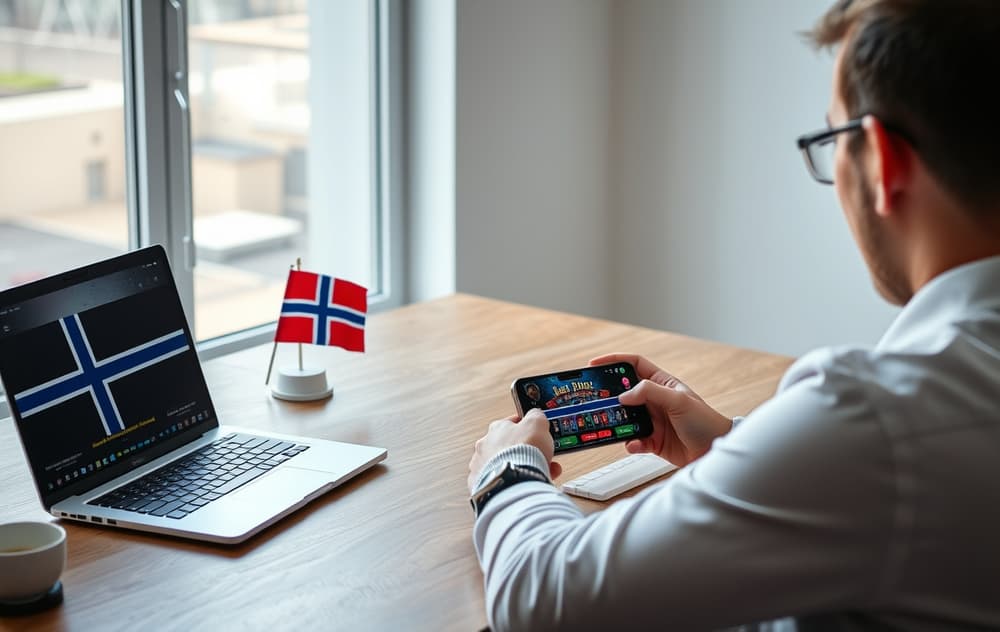 Person som sammenligner norske casinoer på laptop og mobil