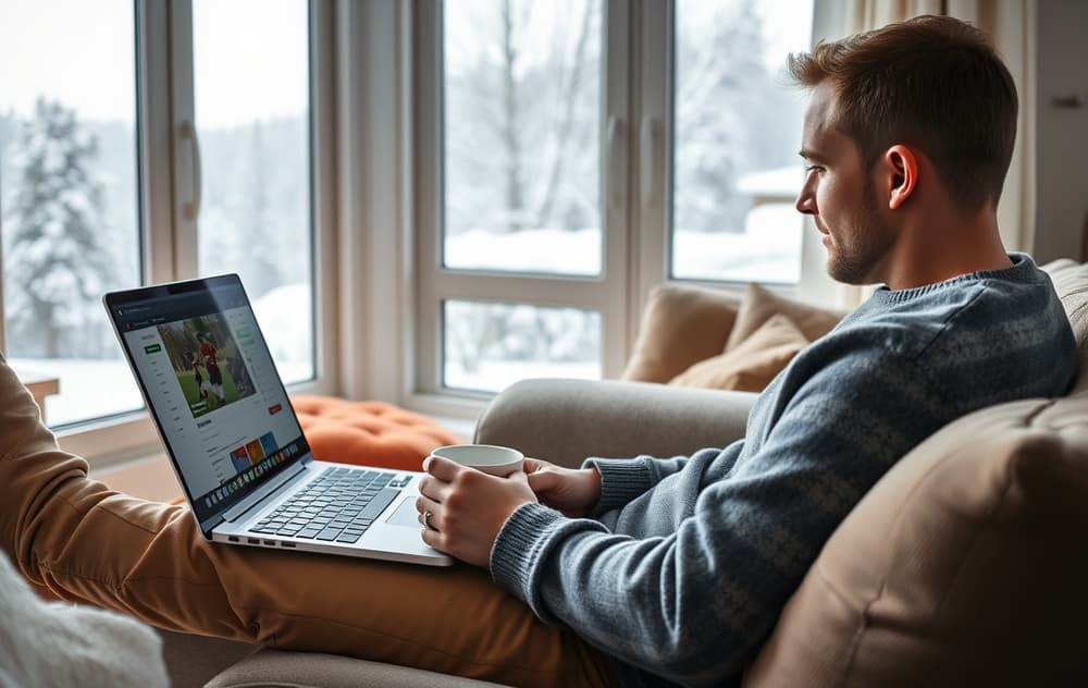 En person i en norsk stue som sitter med en laptop og ser på odds på en bettingside, med kaffekopp og snødekt landskap utenfor vinduet.