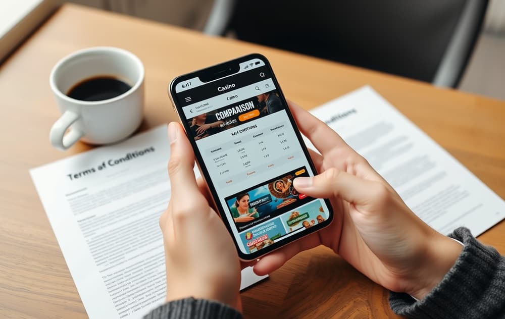 Person som sammenligner casinoer på mobilen med vilkår utskrevet på bordet.