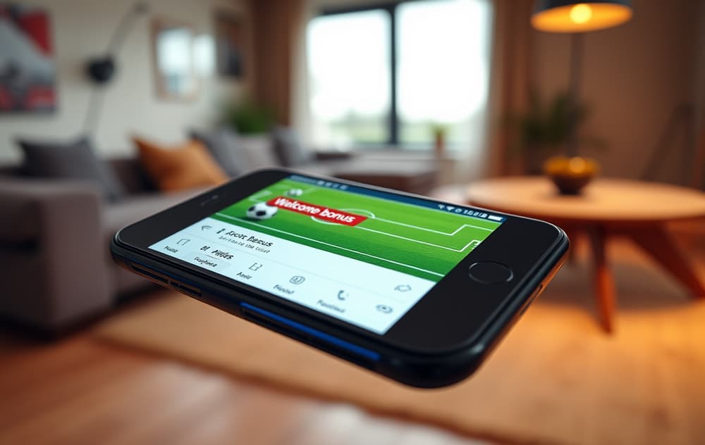 Smarttelefon med bettingside-app og velkomstbonus-banner