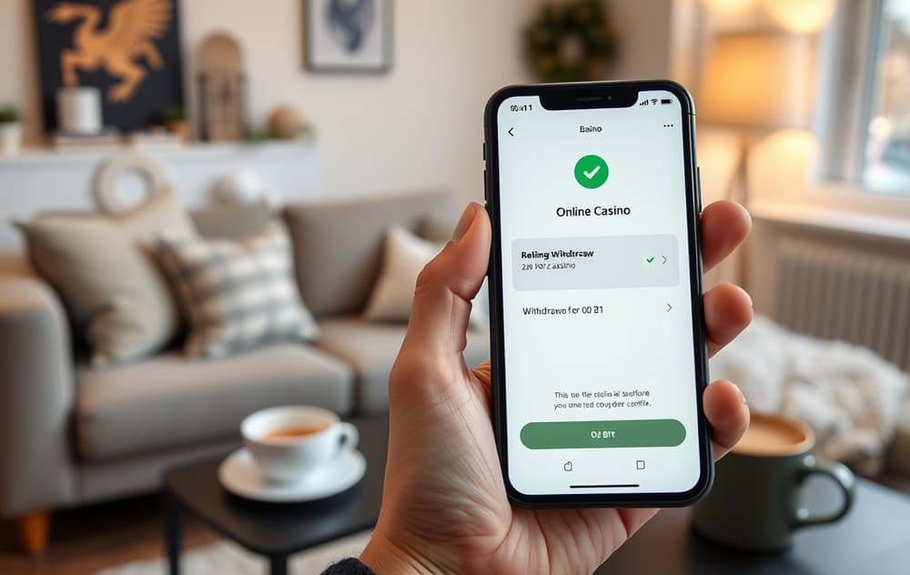Person som holder en mobiltelefon som viser uttak av bitcoin fra et casino, med bekreftelse og saldooppdatering.