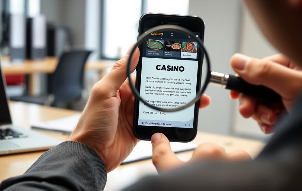 Person som sjekker lisensinformasjon på et casino på mobiltelefon med lupe.