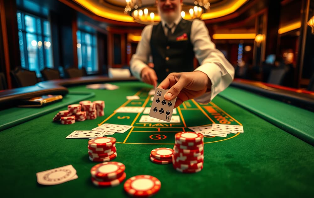 Baccarat-bord med dealeren som deler kort, grønt filt og jetonger i et luksuriøst casino.