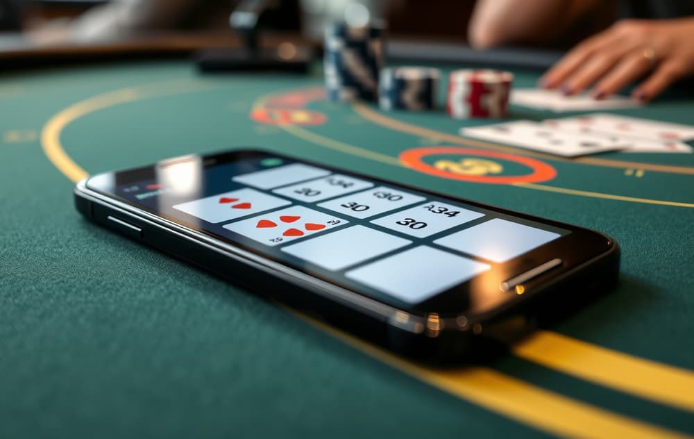 Mobiltelefon som viser et blackjack-spill på et casino-bord