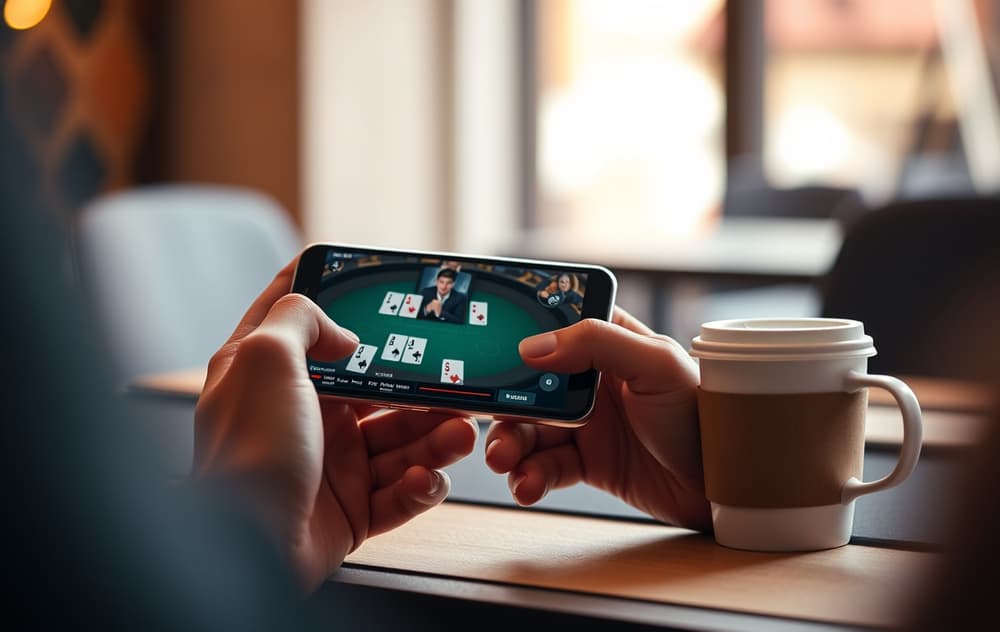 Person som spiller live dealer blackjack på mobiltelefon.