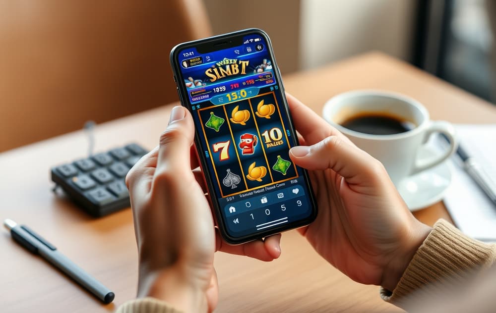 En person som spiller casinospill på mobiltelefon med en kopp kaffe ved siden av.