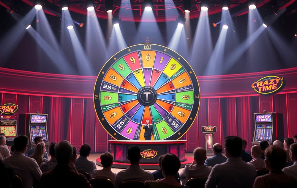 Live casino-game Crazy Time med vert og fargerikt hjul