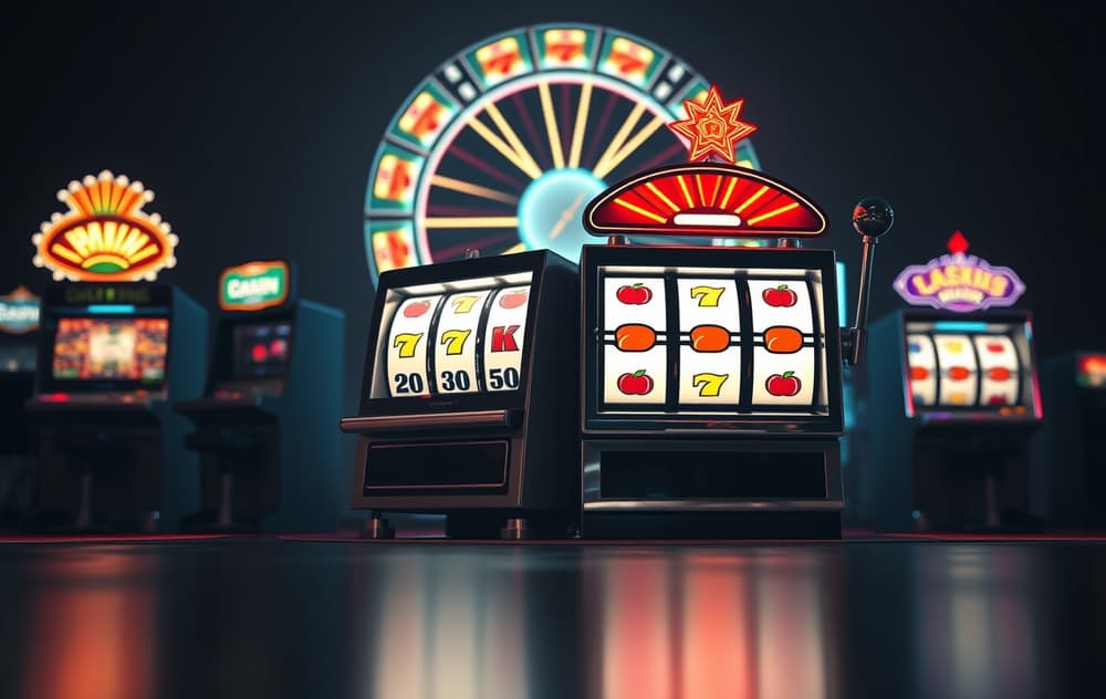 Jackpot-maskin med mynter som fosser ut, casino-bakgrunn med neonlys